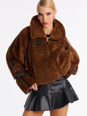 NWT Faux Fur Funnel Neck Teddy Coat - Brown